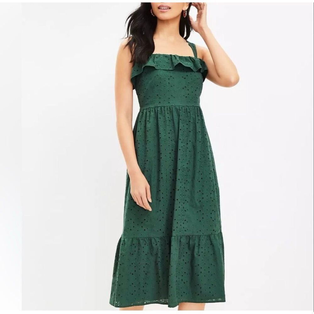Loft Green Eyelet Ruffle Square Neck Sleeveless Cotton Midi Sundress Size 10